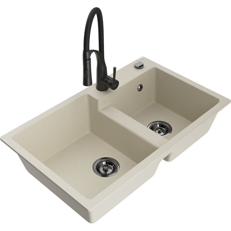 Zlewozmywak granitowy 2-komorowy Mexen Tomas z baterią kuchenną Aster czarny - 6516-77-73450-70-B 1 szt.