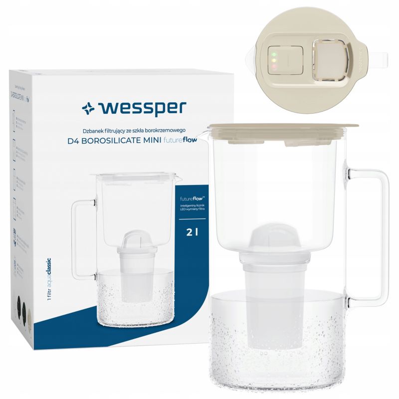 Dzbanek filtrujący wodę, Wessper D4 BOROSILICATE, szklany, z licznikiem LED, 2 l, BPA Free, zestaw z 1 filtrem wody, beżowy, 2szt