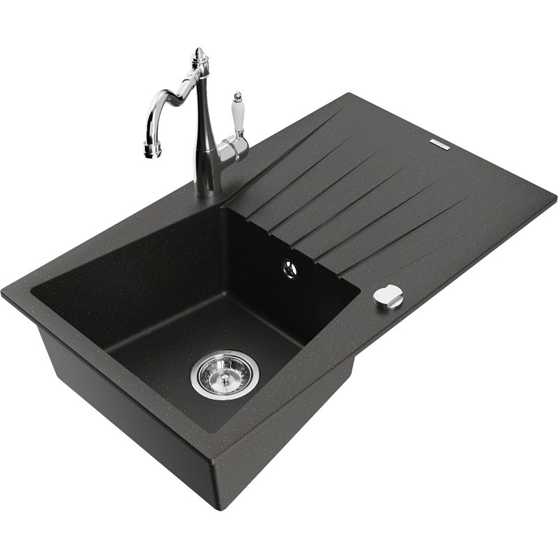 Zlewozmywak granitowy 1-komorowy Mexen Cesar z ociekaczem i baterią kuchenną Carla czarny/złoty metalik 6514-75-670700-00