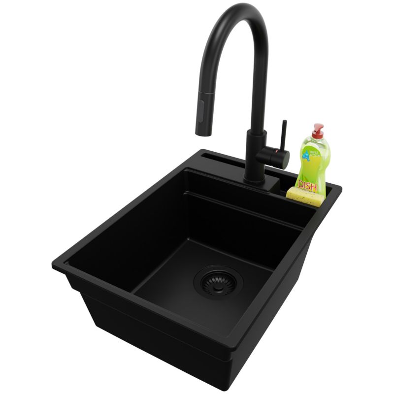 Zlewozmywak Granitowy Oslo Pocket PRIMAGRAN Nablatowy 38x53cm do szafki od 40cm z Syfonem i Baterią Cały Czarny 1 szt.