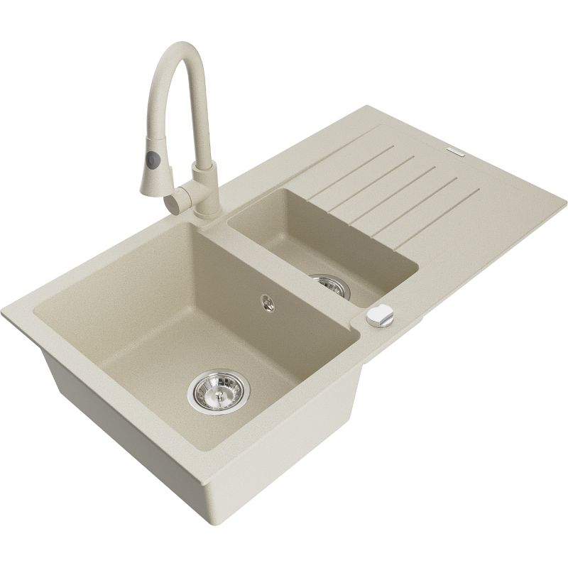 Zlewozmywak granitowy 1.5-komorowy Mexen Matias z ociekaczem i baterią kuchenną Elia beżowy 6502-69-670101-69