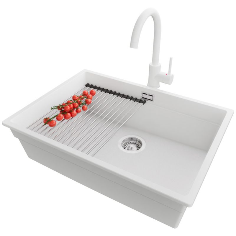 Zlewozmywak Granitowy Praga Slim PRIMAGRAN Nablatowy 66x47cm, Biały + Bateria + Syfon + Akcesorium, S446, 1 szt.