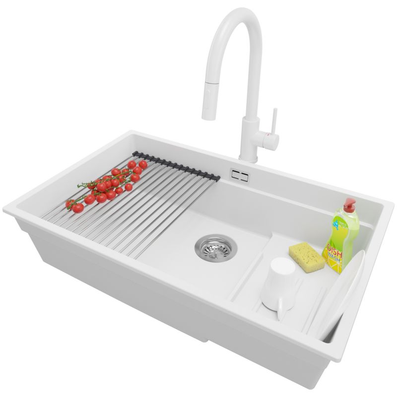 Zlewozmywak Granitowy Praga Slim PRIMAGRAN Nablatowy 76x47cm, Biały + Bateria + Syfon + Akcesorium, S612, 1 szt.