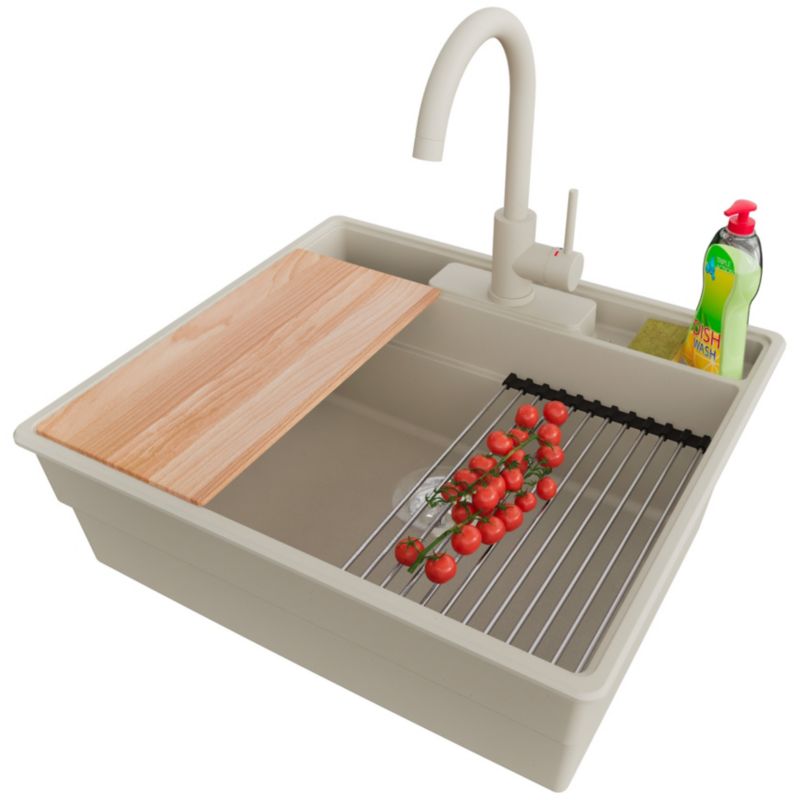 Zlewozmywak Granitowy Nowy Jork PRIMAGRAN Nablatowy 58x53cm do szafki od 60cm, Beżowy + Bateria + Syfon + Akcesoria, S044, 1 szt.