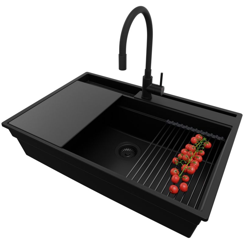 Zlewozmywak Granitowy Oslo Pocket PRIMAGRAN Nablatowy 78x53cm, Cały Czarny + Bateria + Syfon + Akcesorium, S420, 1 szt.