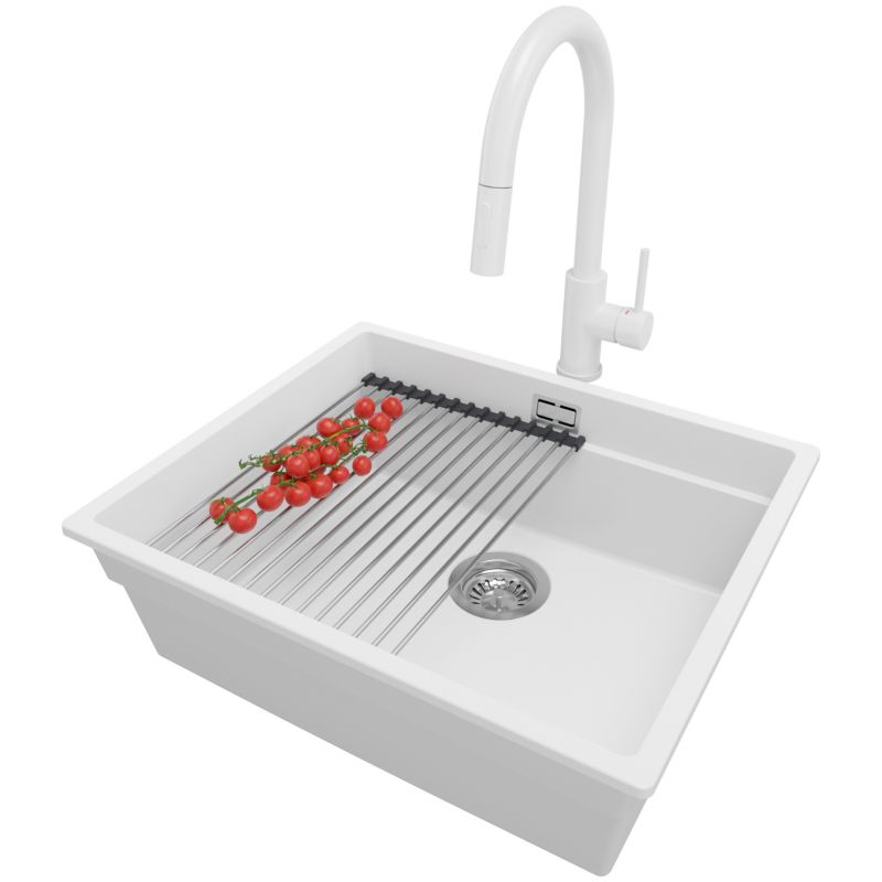 Zlewozmywak Granitowy Praga Slim PRIMAGRAN Nablatowy 56x47cm, Biały + Bateria + Syfon + Akcesorium, S290, 1 szt.