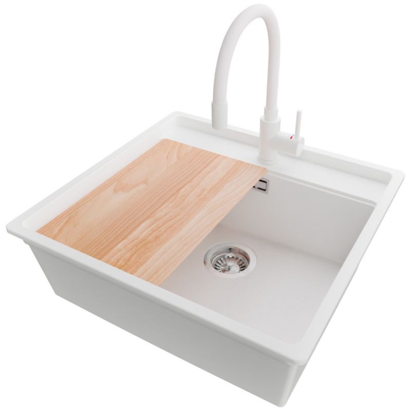 Zlewozmywak Granitowy Bergen PRIMAGRAN Nablatowy 56x53cm do szafki od 60cm, Biały + Bateria 38x14cm + Syfon + Deska, S211, 1 szt.