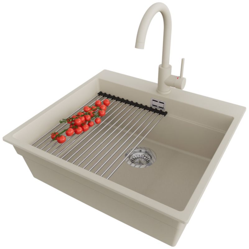 Zlewozmywak Granitowy Oslo Max PRIMAGRAN Nablatowy 58x53cm do szafki od 60cm, Beżowy + Bateria + Syfon + Akcesorium, S164, 1 szt.