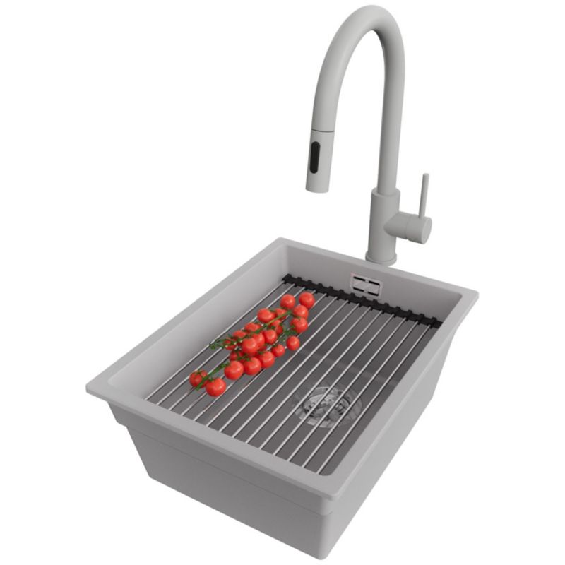 Zlewozmywak Granitowy Praga Slim PRIMAGRAN Nablatowy 36x47cm, Szary + Bateria + Syfon + Akcesorium, S063, 1 szt.