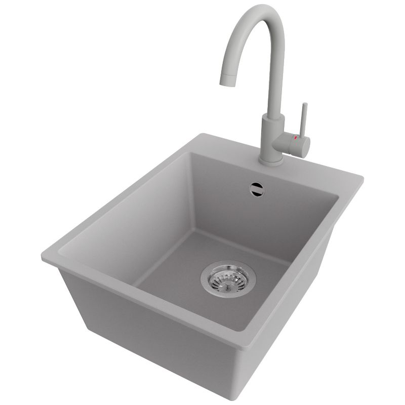 Zlewozmywak Granitowy Ryga PRIMAGRAN Nablatowy 38x50cm do szafki od 40cm, Szary + Bateria 32x20cm + Syfon, S049, 1 szt.