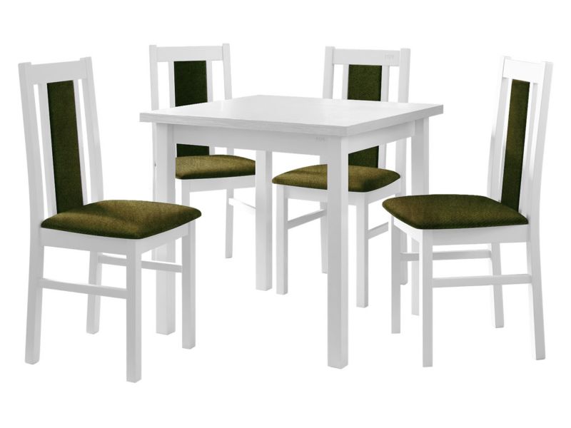 Zestaw DR05 MIRJAN 24 Stół Max IX 80 + 4 krzesła Bos 14 biały + ciemnozielona tapicerka 1 kpl.