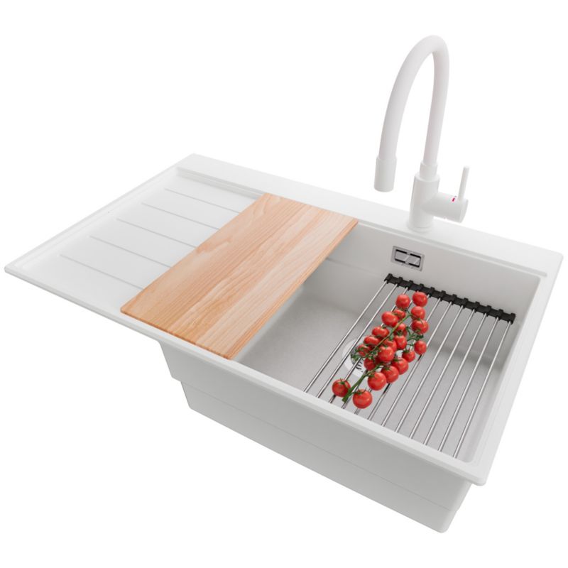 Zlewozmywak Granitowy Sydney PRIMAGRAN Nablatowy 78x50cm do szafki od 50cm, Biały + Bateria + Syfon + Akcesoria, S327, 1 szt.