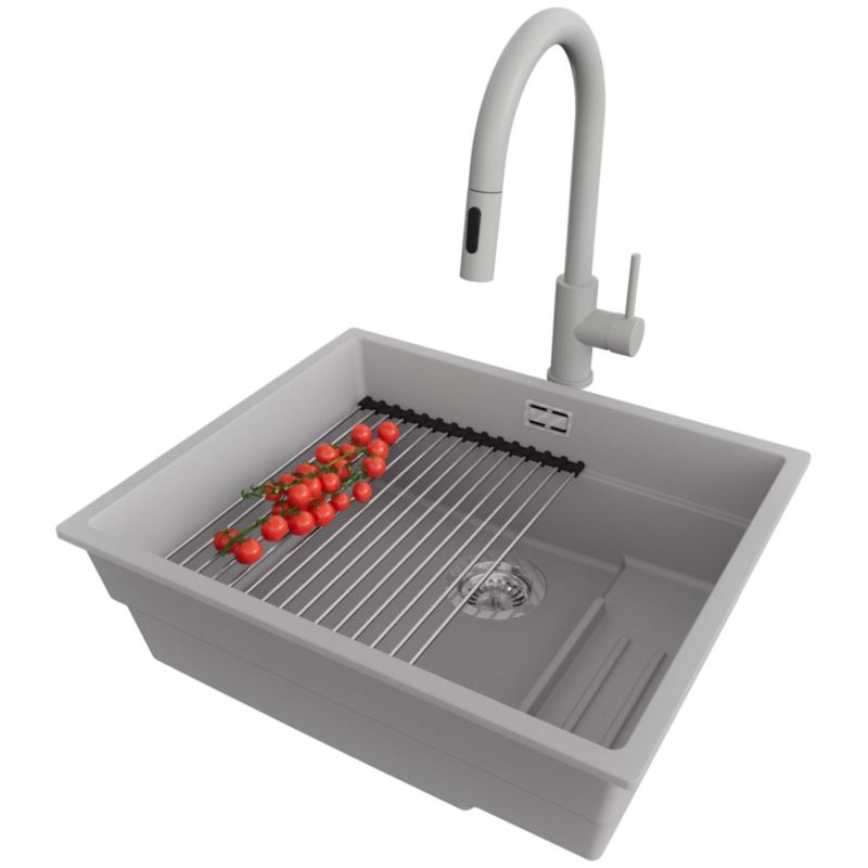 Zlewozmywak Granitowy Praga Slim PRIMAGRAN Nablatowy 56x47cm, Szary + Bateria + Syfon + Akcesorium, S363, 1 szt.