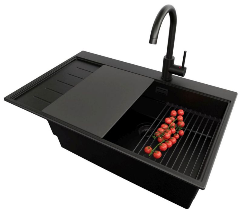 Zlewozmywak Granitowy Sydney PRIMAGRAN Nablatowy 78x50cm do szafki od 60cm, Cały Czarny + Bateria + Syfon + Akcesoria, , 1 szt.