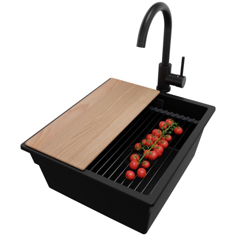 Zlewozmywak Granitowy Praga Slim PRIMAGRAN Nablatowy 41x47cm do szafki od 45cm z Syfonem i Baterią i Dodatkiem Cały Czarny 1 szt.