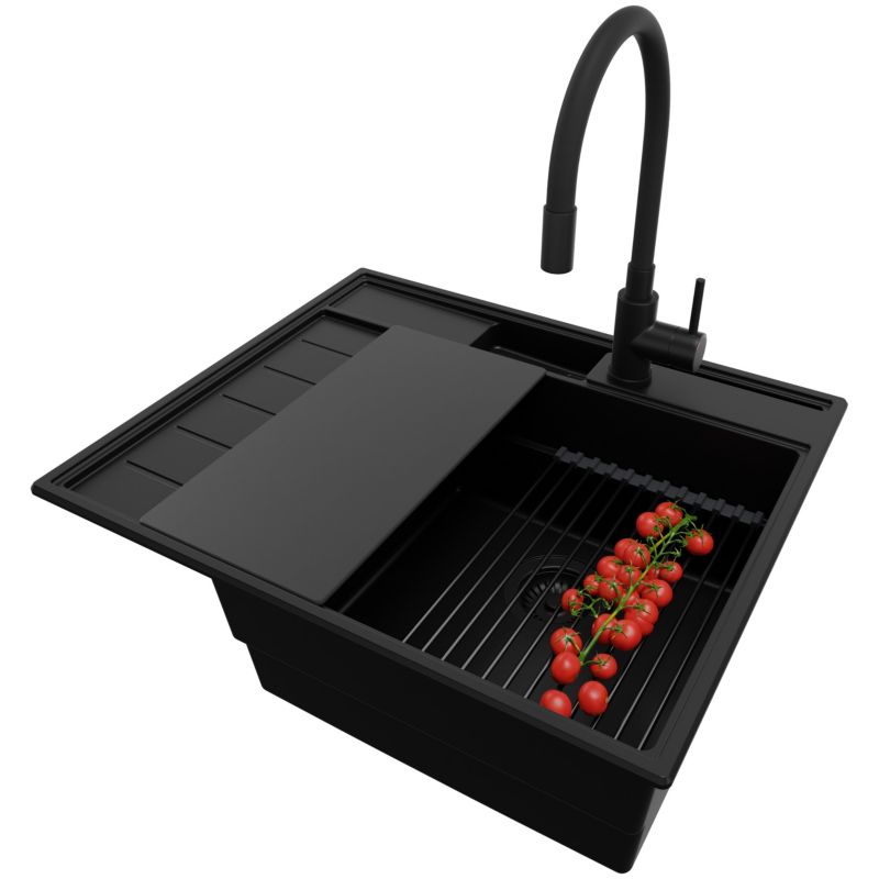 Zlewozmywak Granitowy Sydney Pocket PRIMAGRAN Nablatowy 62x53cm, Cały Czarny + Bateria + Syfon + Akcesorium, S048, 1 szt.