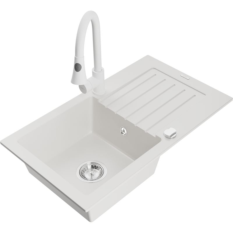 Zlewozmywak granitowy 1-komorowy Mexen Pablo z ociekaczem i baterią kuchenną Elia biały 6510-20-670101-20