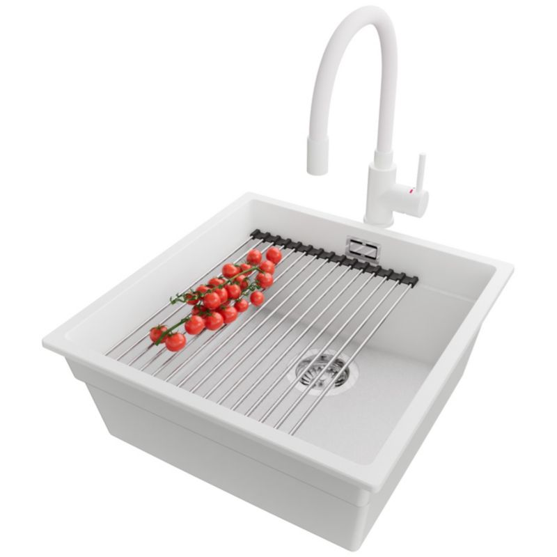 Zlewozmywak Granitowy Praga Slim PRIMAGRAN Nablatowy 46x47cm, Biały + Bateria + Syfon + Akcesorium, S205, 1 szt.