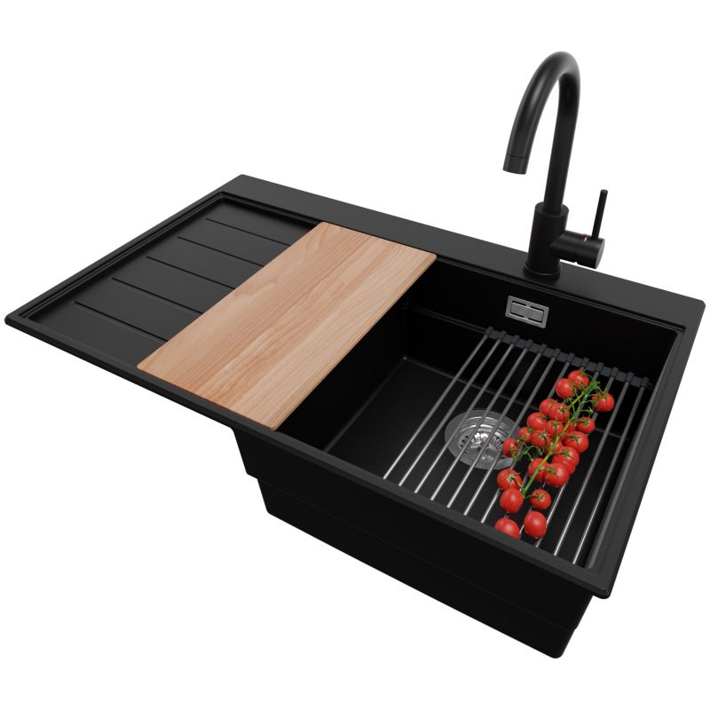 Zlewozmywak Granitowy Sydney PRIMAGRAN Nablatowy 78x50cm do szafki od 45cm, Czarny + Bateria + Syfon + Akcesoria, S224, 1 szt.