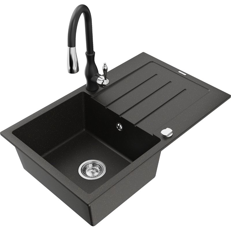 Zlewozmywak granitowy 1-komorowy Mexen Bruno z ociekaczem i baterią kuchenną Telma biały - 6513-20-670200-50 1 szt.