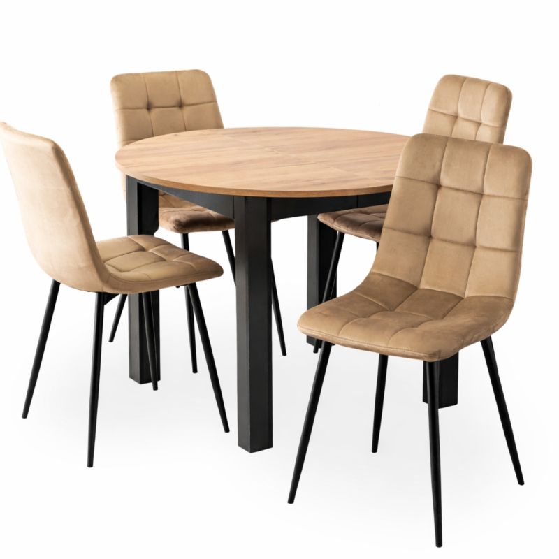 Zestaw Mebel Elite Stół Okrągły HARRY 102-142 cm i 4 Krzesła Tapicerowane PERU Beż 1 kpl