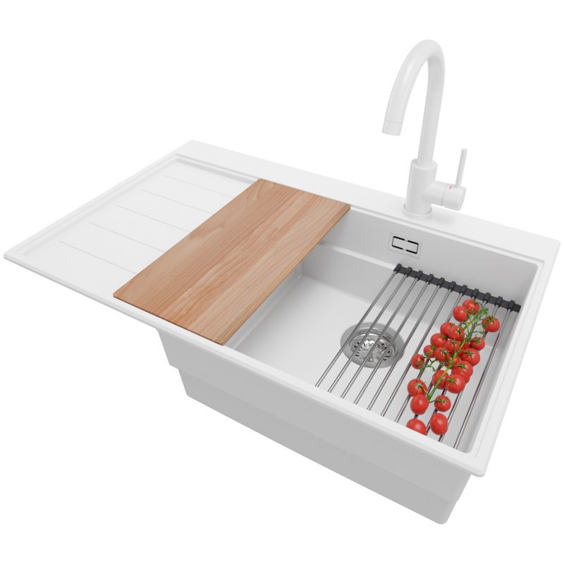 Zlewozmywak Granitowy Sydney PRIMAGRAN Nablatowy 78x50cm do szafki od 50cm, Biały + Bateria + Syfon + Akcesoria, S321, 1 szt.