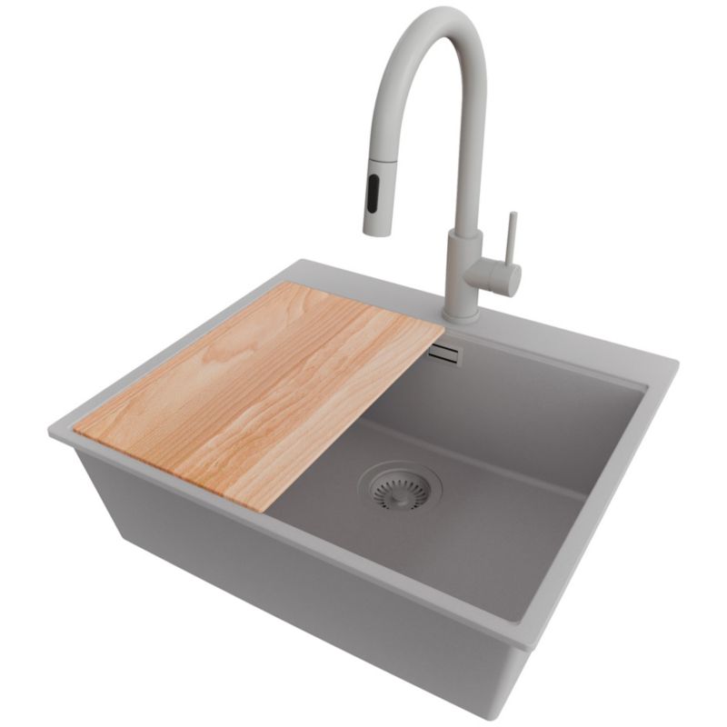 Zlewozmywak Granitowy Oslo PRIMAGRAN Nablatowy 58x50cm do szafki od 60cm, Szary + Bateria 40x20cm + Syfon + Deska, S426, 1 szt.