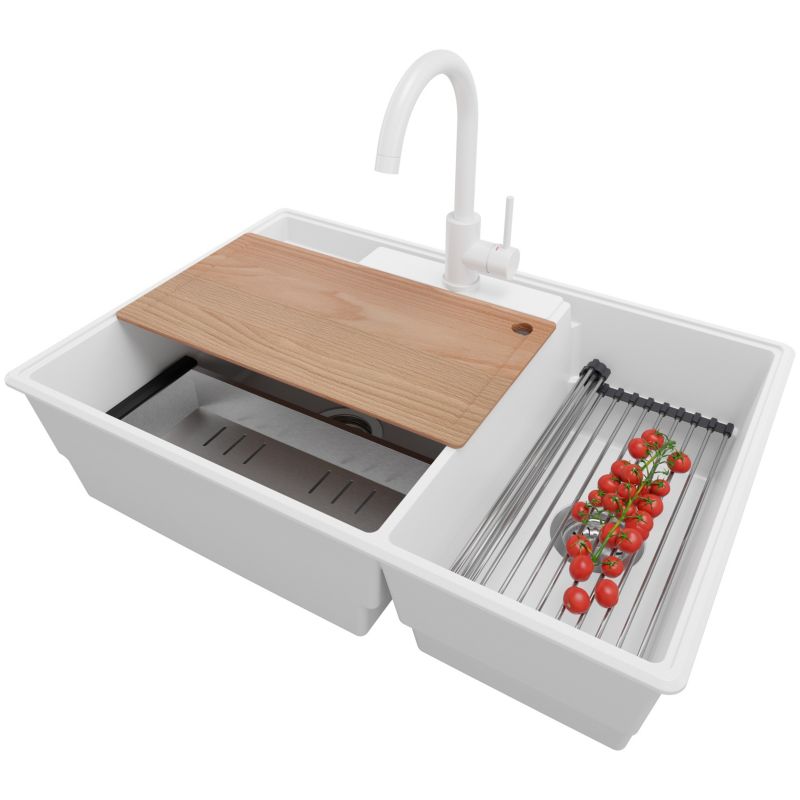 Zlewozmywak Granitowy Paryż PRIMAGRAN Nablatowy 78x53cm do szafki od 80cm, Biały + Bateria + Syfon + Akcesoria, S042, 1 szt.