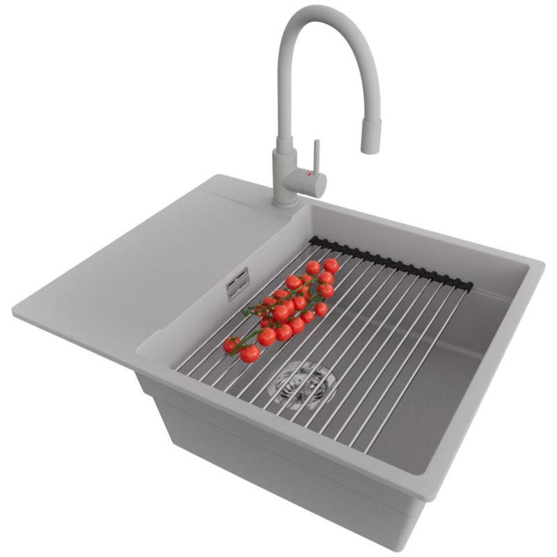 Zlewozmywak Granitowy San Francisco PRIMAGRAN Nablatowy 62x50cm, Szary + Bateria + Syfon + Akcesorium, S129, 1 szt.