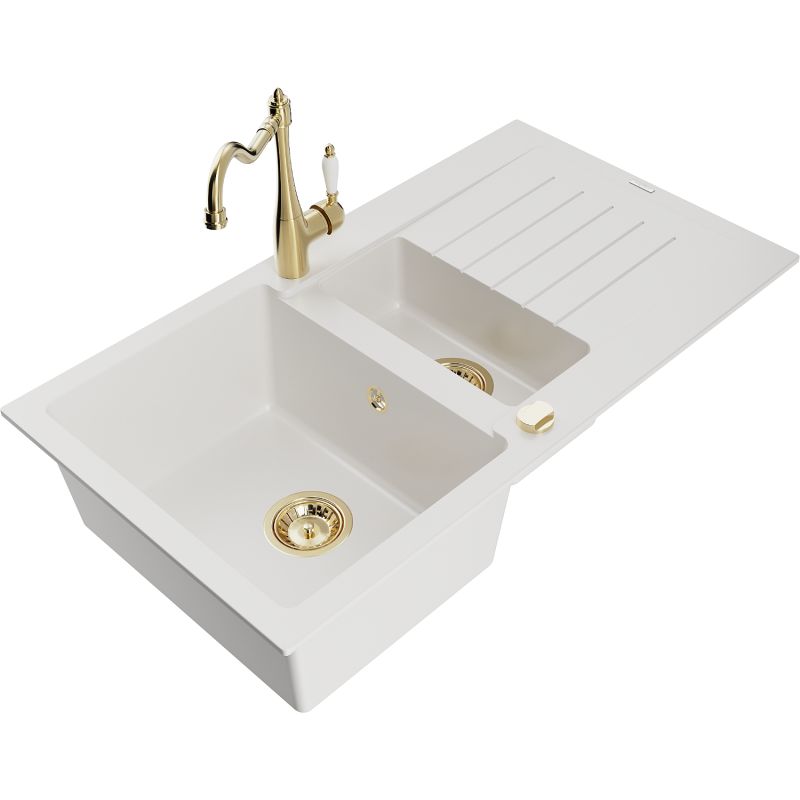 Zlewozmywak granitowy 1.5-komorowy Mexen Matias z ociekaczem i baterią kuchenną Carla biały 6502-20-670700-50