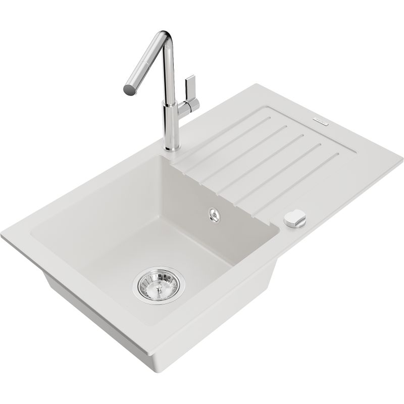 Zlewozmywak granitowy 1-komorowy Mexen Pablo z ociekaczem i baterią kuchenną Flora biały 6510-20-670401-00