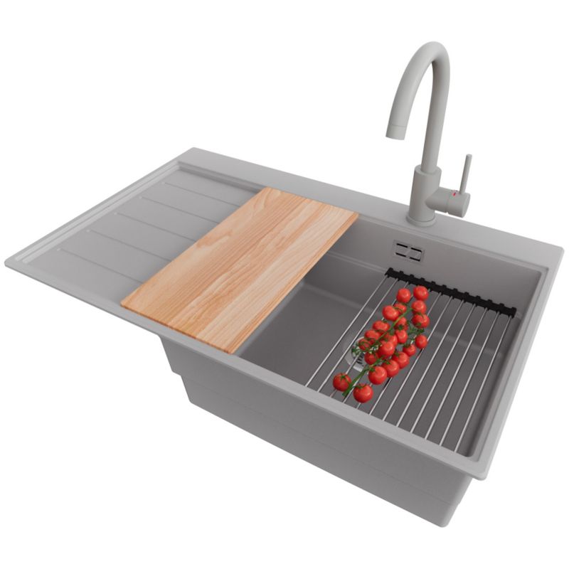 Zlewozmywak Granitowy Sydney PRIMAGRAN Nablatowy 78x50cm do szafki od 50cm, Szary + Bateria + Syfon + Akcesoria, S322, 1 szt.