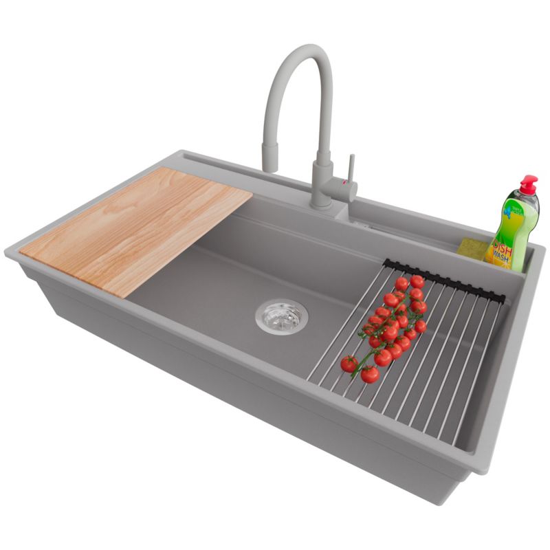 Zlewozmywak Granitowy Oslo Pocket PRIMAGRAN Nablatowy 88x53cm, Szary + Bateria + Syfon + Akcesorium, S471, 1 szt.