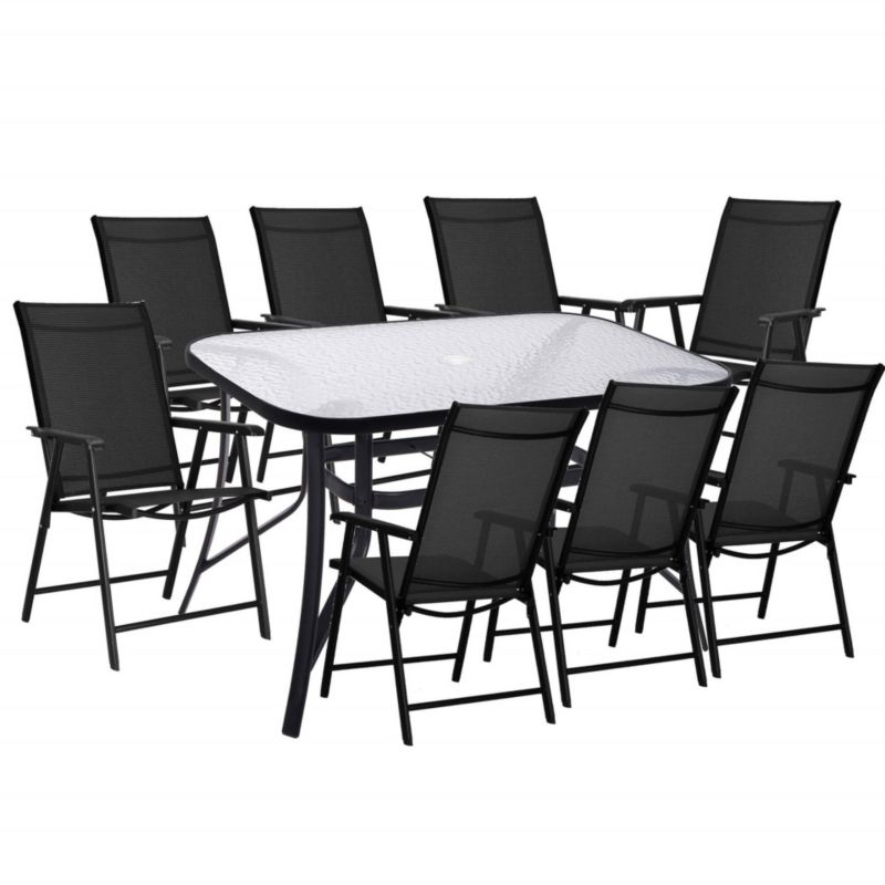 Meble ogrodowe, komplet na balkon dla 8 osób Springos metalowe 8 krzeseł i stół z szkła hartowanego czarny 1 kpl.