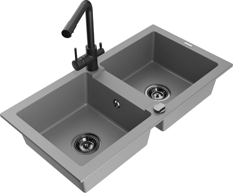 Zlewozmywak granitowy Mexen Mario 2-komorowy z baterią kuchenną Duero szary 6504-71-671600-70-B