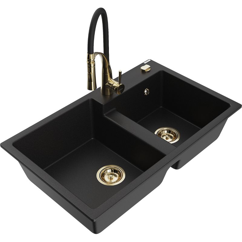 Zlewozmywak granitowy 2-komorowy Mexen Tomas z baterią kuchenną Aster czarny 6516-77-73450-57-G