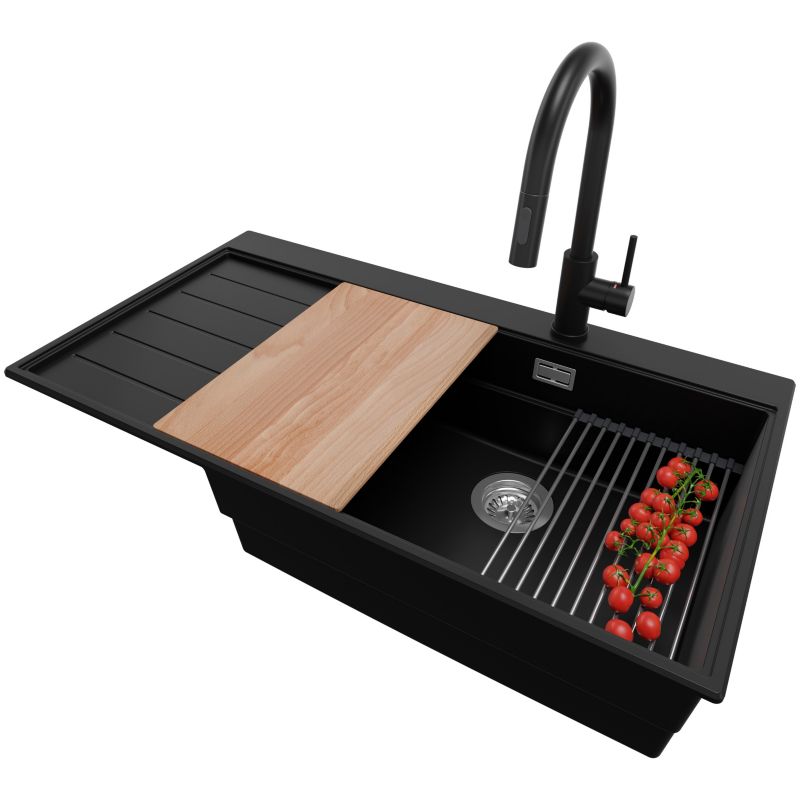 Zlewozmywak Granitowy Sydney PRIMAGRAN Nablatowy 90x50cm do szafki od 60cm, Czarny + Bateria + Syfon + Akcesoria, S419, 1 szt.