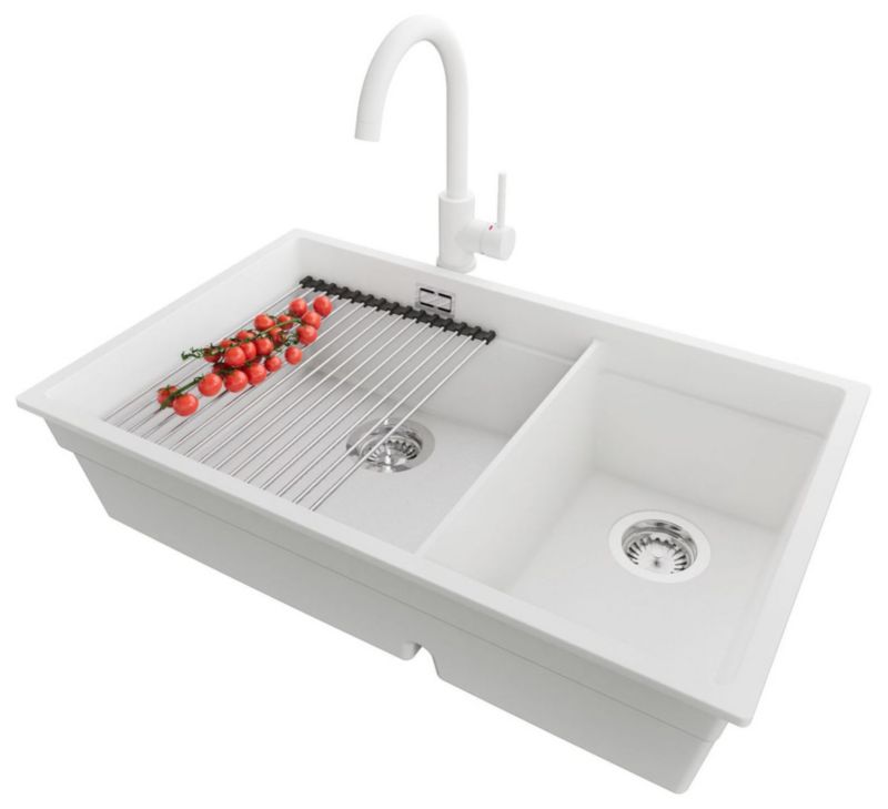 Zlewozmywak Granitowy Praga Slim Duo PRIMAGRAN Nablatowy 76x47cm, Biały + Bateria + Syfon + Akcesorium, , 1 szt.