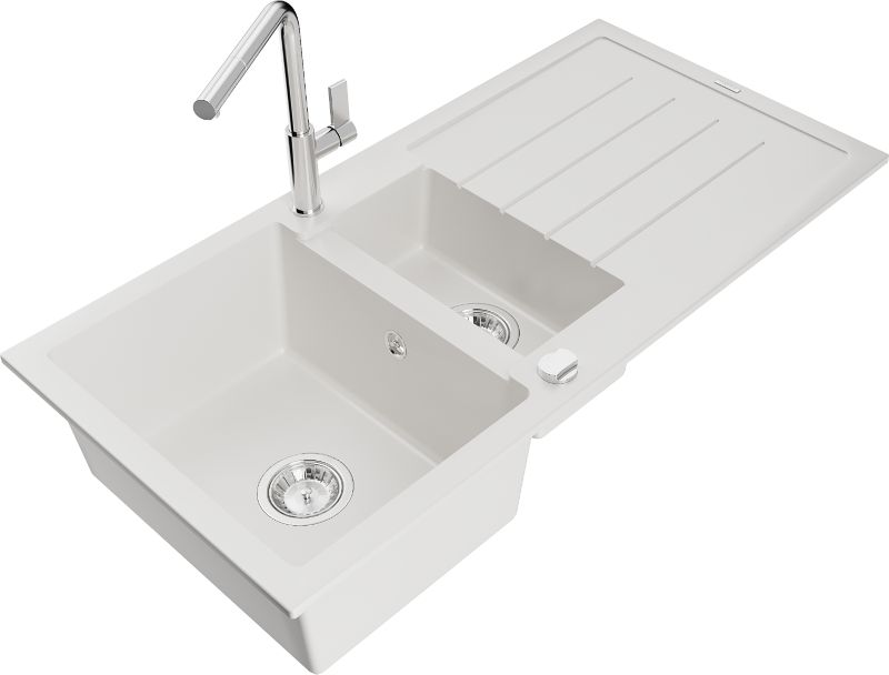 Zlewozmywak granitowy Mexen Andres 1,5-komorowy z ociekaczem i baterią kuchenną Flora biały 6515-20-670401-00