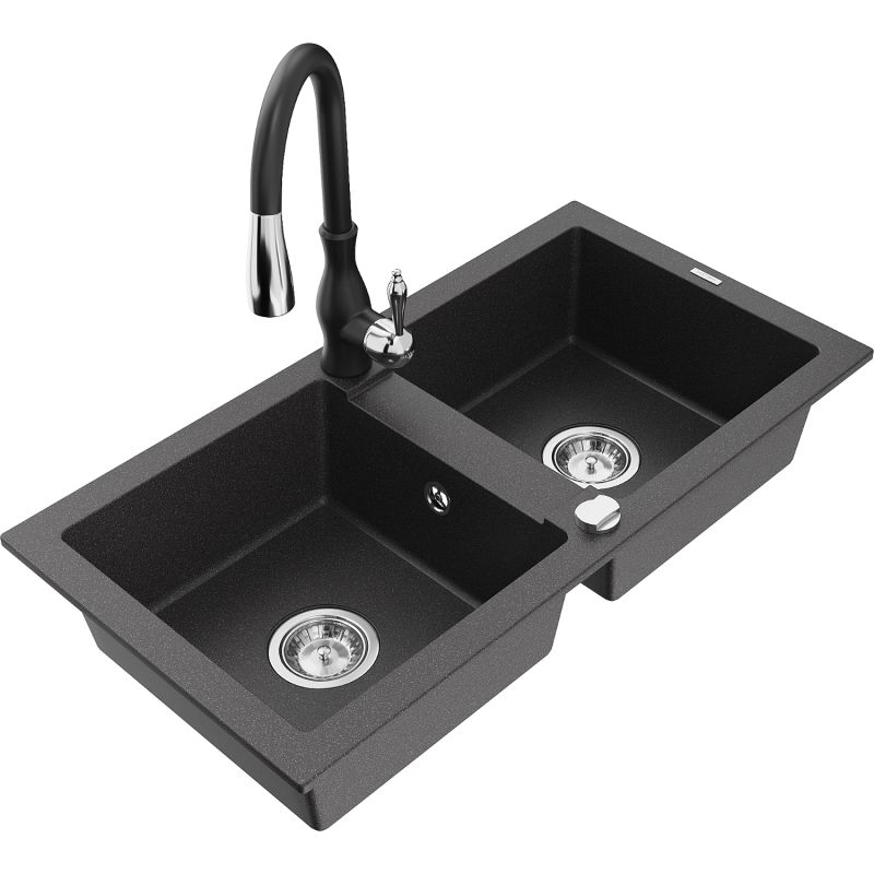 Zlewozmywak granitowy 2-komorowy Mexen Mario z baterią kuchenną Savita czarny nakrapiany 6504-76-672601-70