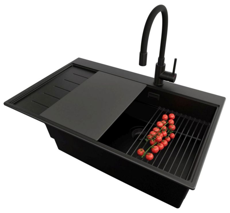 Zlewozmywak Granitowy Sydney PRIMAGRAN Nablatowy 78x50cm do szafki od 60cm, Cały Czarny + Bateria + Syfon + Akcesoria, , 1 szt.