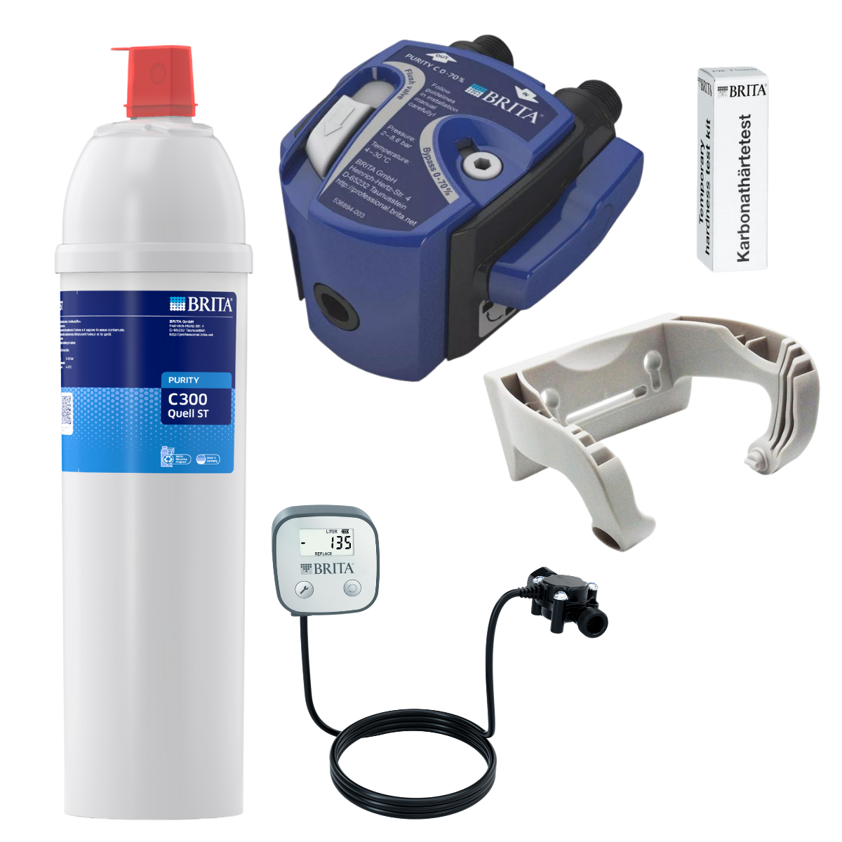 BRITA zestaw startowy nr 7 głowica, wkład C300 Quell ST, licznik, uchwyt, tester twardości.
