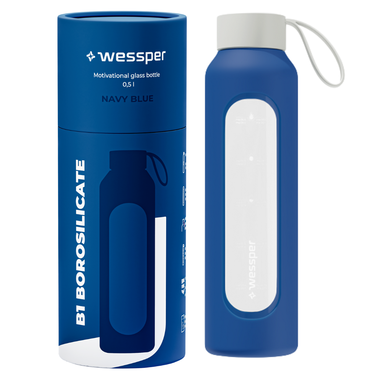 Butelka szklana 500 ml Wessper w granatowym etui (Navy Blue).