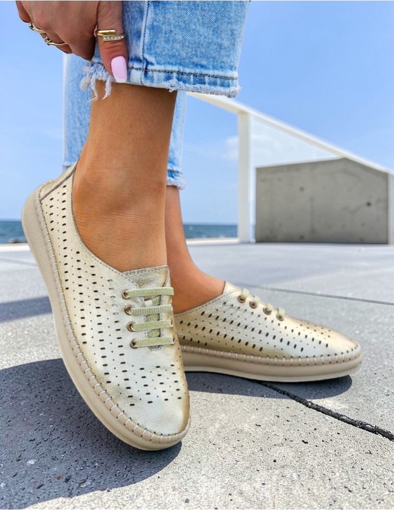 Złote Baleriny Mokasyny Ażurowe Mięciutkie Bonney