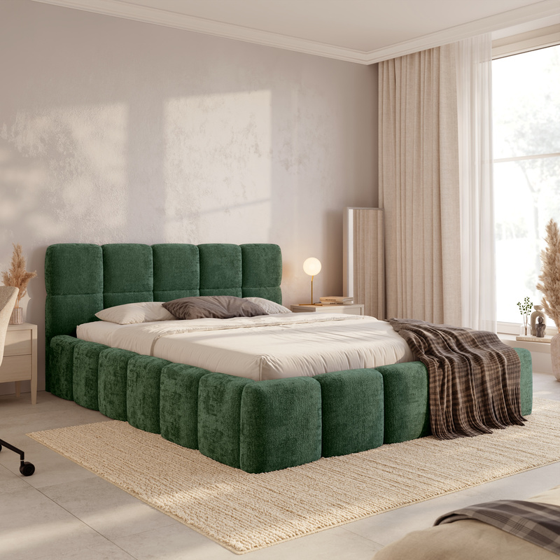 Zielone łóżko do sypialni 160x200 z pojemnikiem tapicerowane CUDDY