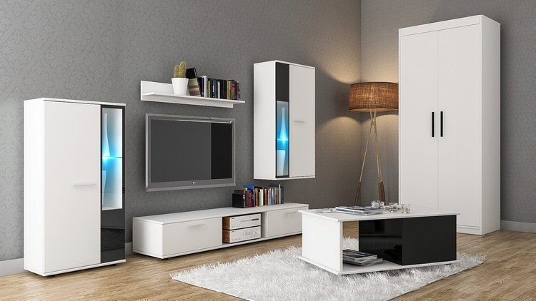 Meblościanka z szafą i ławą biały mat KUBA LED