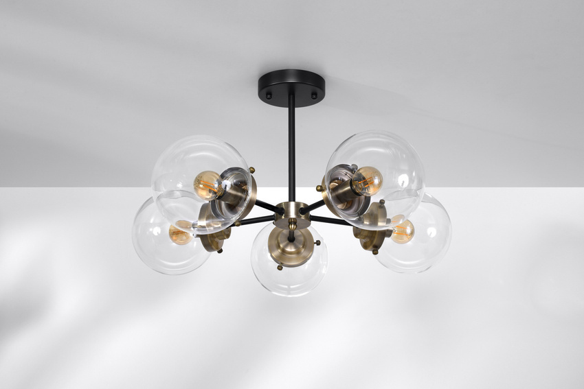 Czarna lampa wisząca sufitowa 5-punktowa do salonu LENS metal szklane klosze