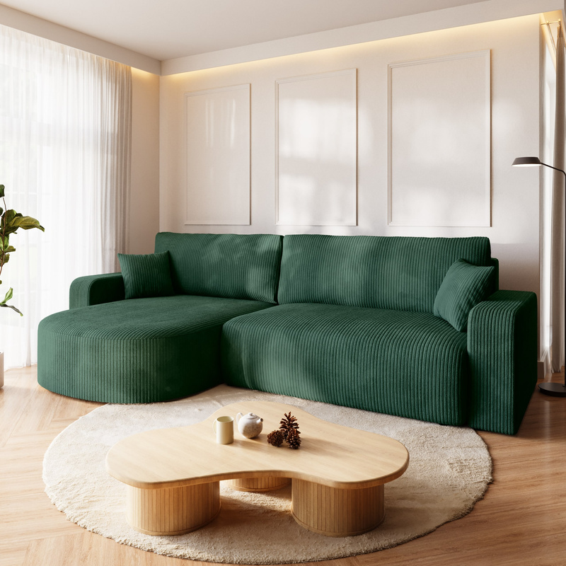 Zielony narożnik z funkcją spania i pojemnikiem na pościel BISK