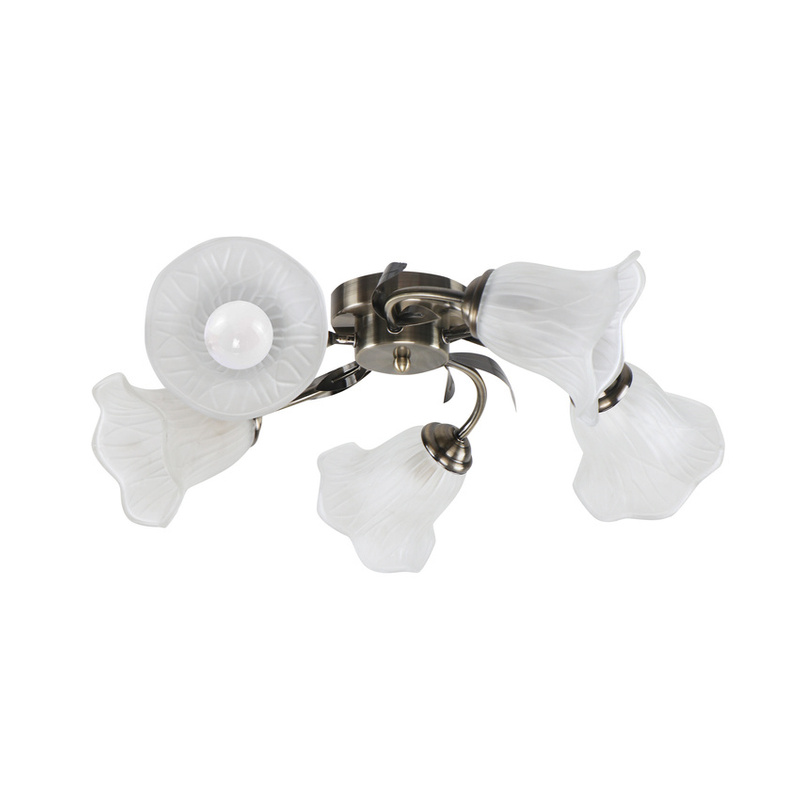 Patynowa lampa sufitowa z białym kloszem do salonu Antiqa 5xE27