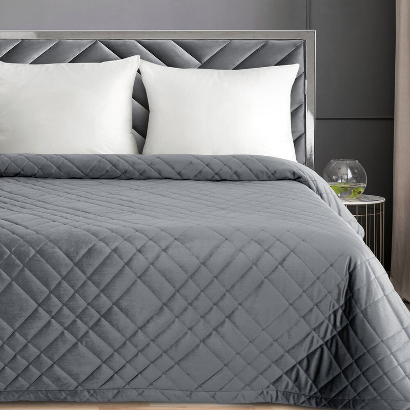 Narzuta na łóżko 220x240 cm RIVERA 6 stalowa welwetowa do sypialni